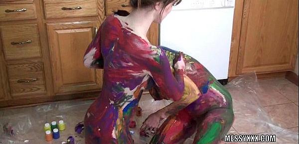  Tattooed redheads Indigo and Lavender get erotic with paint